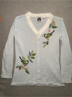 VTG Storybook Knits Womens Cardigan Blue Embroidered Bird Perched Branch Small